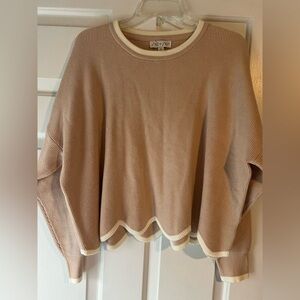 Tan Ribbed Sweater with Cream Scalloped Trim